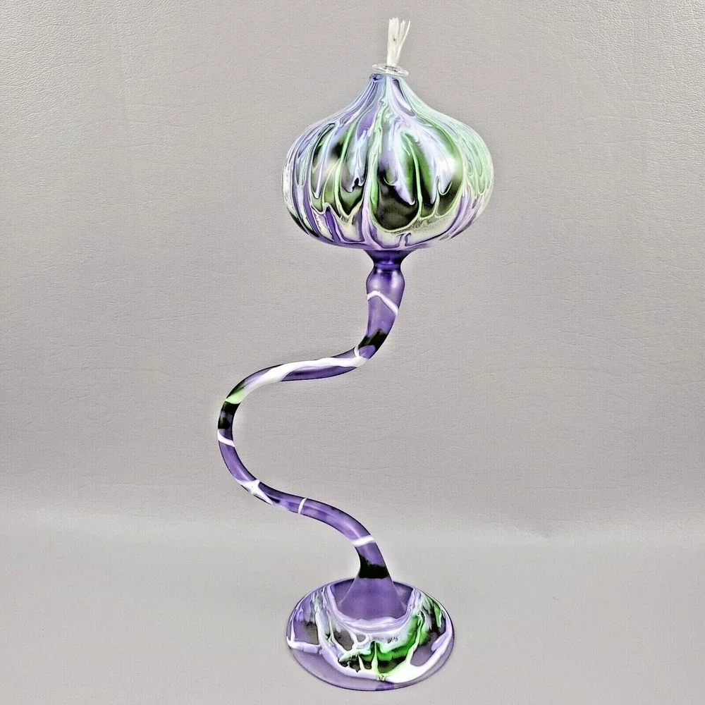 Flame Glow Oil Lamp Penco Hand Blown Glass Intertwined Stems Candle Purple Green